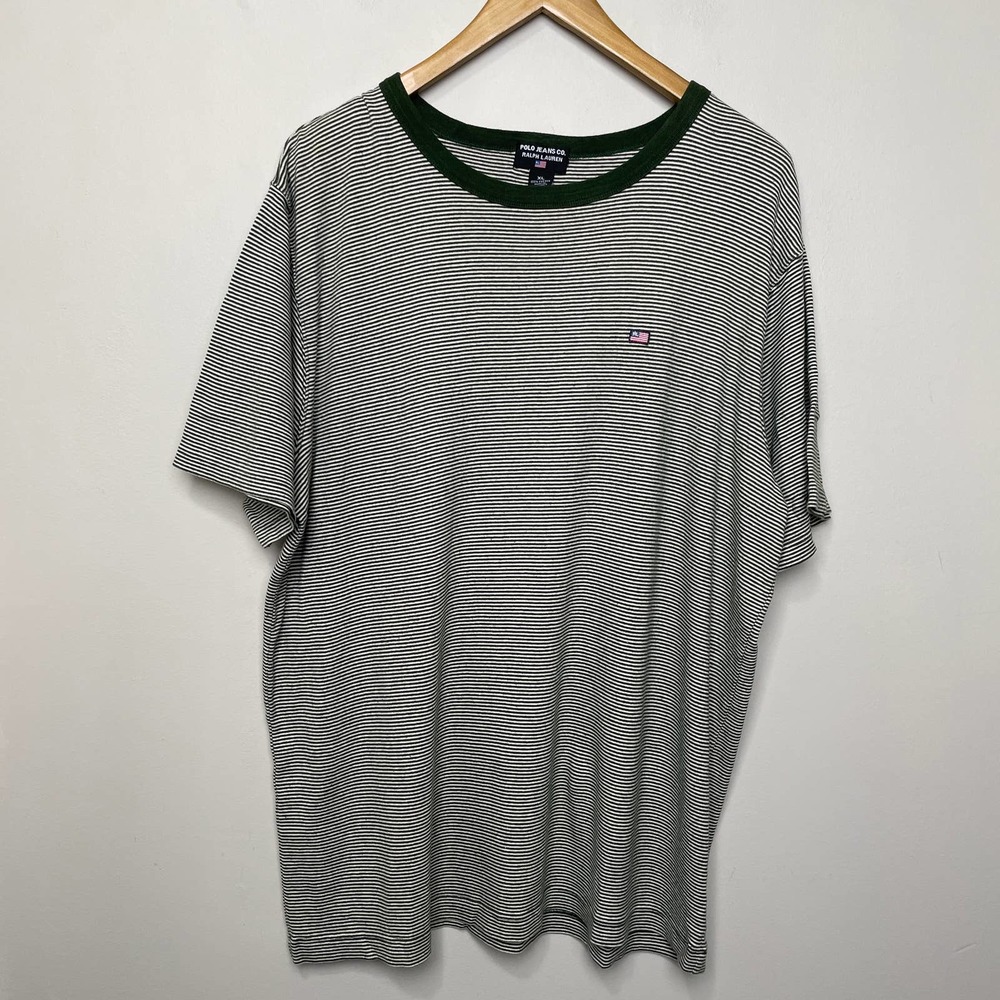 Ralph Lauren Polo Green Stripped Ringer Tee Embroidered American Flag XL